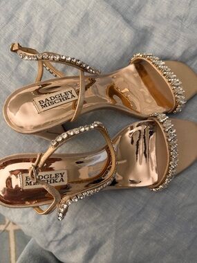 Badgley Mischka Rose Gold Crystal-Strap Evening Heels